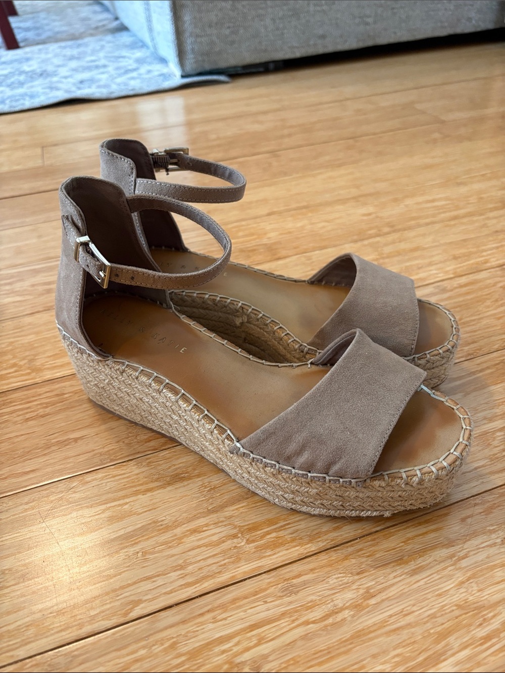 Kelly & Katie Taupe Suede Espadrille Platform Sandals with Ankle Strap